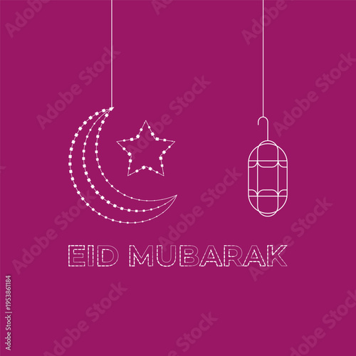 Eid Mubarak Greeting with Moon, Star, and Lantern Illustration