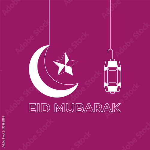 Eid Mubarak Greeting with Moon, Star, and Lantern Illustration