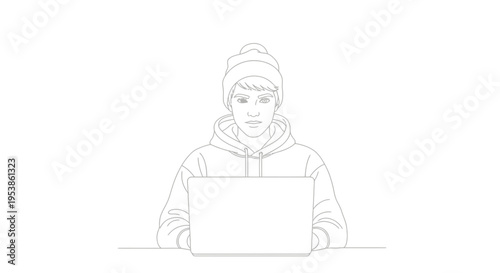 Woman wearing beanie using laptop.