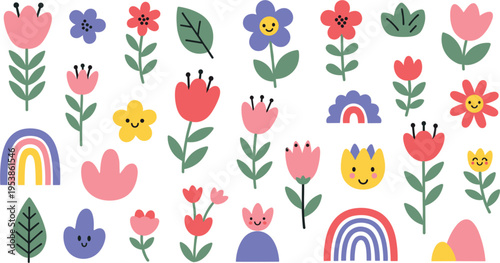Colorful whimsical floral illustration with cute flowers leaves rainbows and smiling faces for nursery decor spring design kids background vector pattern art seamless playful