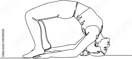Minimalist one line drawing of a woman performing a bridge pose exercise on a plain white surface