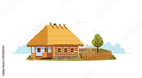 Charming Ukrainian Village House with Thatched Roof and Wooden Fence.