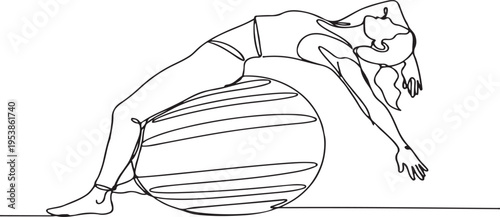 A continuous line drawing of a woman performing a backbend stretch exercise on a large yoga ball
