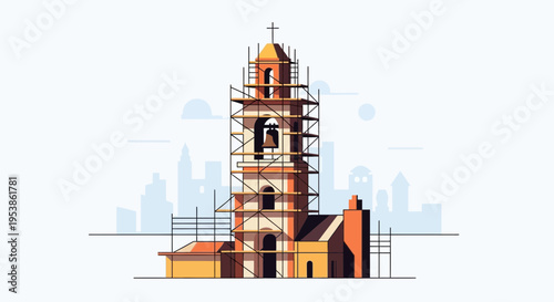 Church Tower Restoration Scaffolding Envelops Historic Structure.