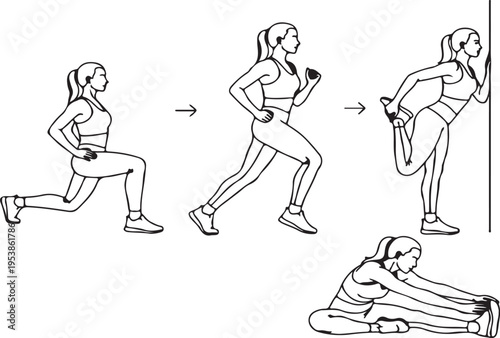 A sequence of line art illustrations showing a woman performing various athletic stretching moves