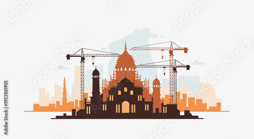 Construction of a Grand Building with Cranes and Cityscape.