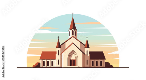 Detailed Illustration of a Church Building with Spire and Architectural Details.