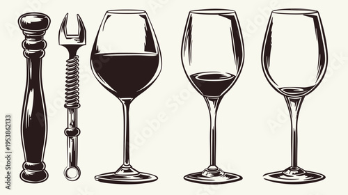 Line art of wine service tools and glasses at varying fills in monochrome style
