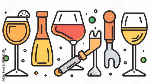 Line drawing with bottle opener, bottles and wine glasses filled with drinks