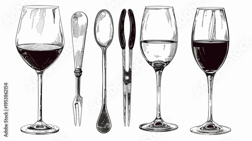 Graphic ink drawing of wine glasses, spork, spoon, and tongs, isolated on white
