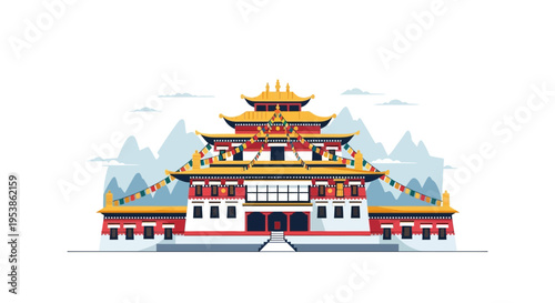 Detailed Illustration of a Traditional Bhutanese Dzong Architecture.