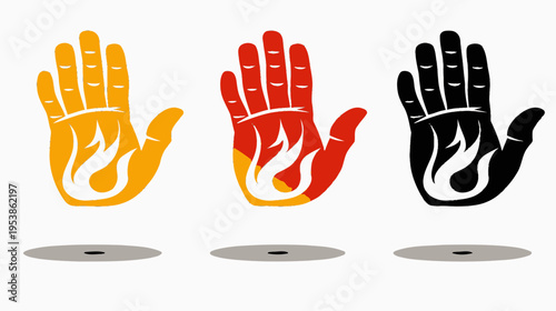 Three open hands with fire inside, colored yellow, red, and black, casting shadows