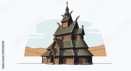 Detailed Illustration of a Traditional Stave Church Architecture 1.
