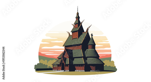 Detailed Illustration of a Traditional Stave Church Architecture.