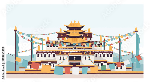 Detailed Illustration of a Traditional Tibetan Buddhist Monastery.