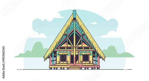 Detailed Illustration of a Traditional Thatched Roof House Structure.