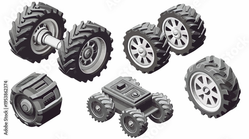 Gray-toned isometric illustration of toy vehicle components; wheels, axles, chassis isolated on white