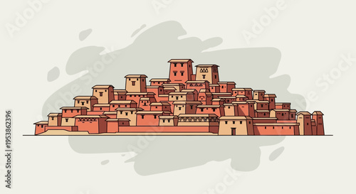 Detailed Illustration of an Ancient Middle Eastern Cityscape.