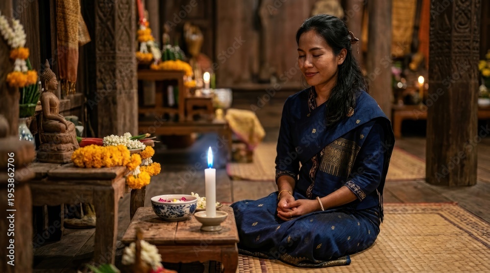 Obraz premium Serene Woman in Traditional Attire Meditates in Peaceful Setting with Candles and Flowers