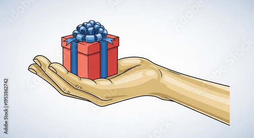 Hand Offering a Gift - Red Box with Blue Ribbon and Bow.