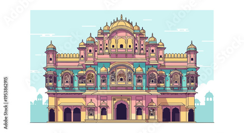 Detailed Illustration of Hawa Mahal Jaipur India.
