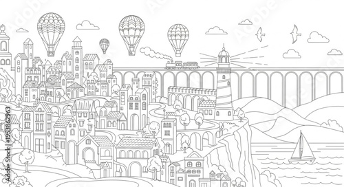 Whimsical Cityscape with Hot Air Balloons and Architectural Details.