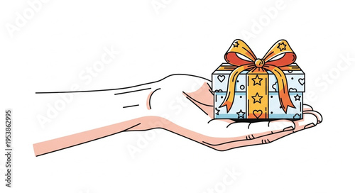 Hand Offering a Gift Box with Bow and Star Pattern.