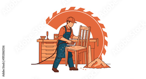 A skilled carpenter in a blue apron precisely sands a wooden chair in a workshop with a large saw blade.