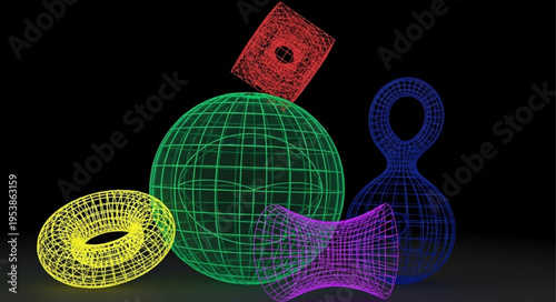 Abstract Geometric Shapes in Vibrant Colors on Black Background.