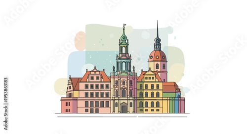 Detailed Illustration of the Dresden Frauenkirche and Hofkirche.