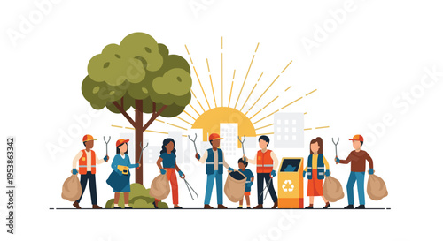 A diverse group of people cleans up a park area, collecting trash near a large tree and city skyline.