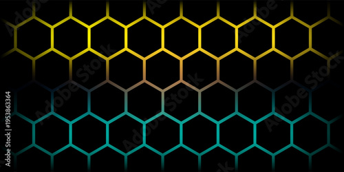 Dark hexagon abstract technology background with blue and green colored bright flashes under hexagon. Hexagonal gaming vector tech illustration black abstract background. vector