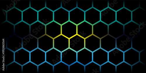 Dark hexagon abstract technology background with blue and green colored bright flashes under hexagon. Hexagonal gaming vector tech illustration black abstract background. vector