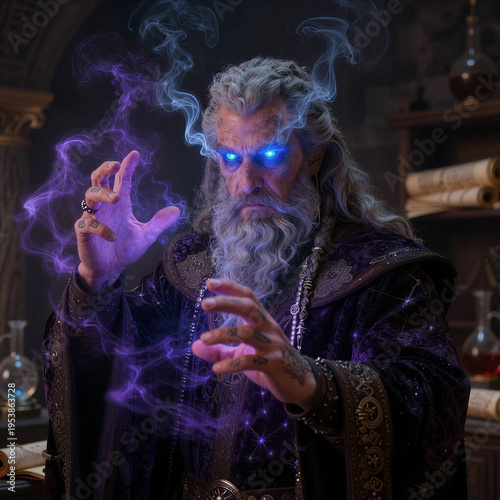 A photorealistic cinematic portrait photograph in a medium close-up of an ancient mage