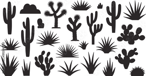 cactus silhouettes, desert plants, succulent collection, cactus icons, desert vegetation, arid plants, botanical silhouettes, xerophyte design, nature elements, plant illustration