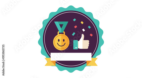 A vibrant flat design badge displays a golden medal with a smiley face, confetti, and a thumbs-up hand.