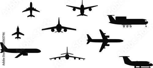 airplane silhouettes, aircraft icons, aviation set, flying planes, transport collection, jet silhouettes, cargo aircraft, passenger plane, travel concept, aviation design
