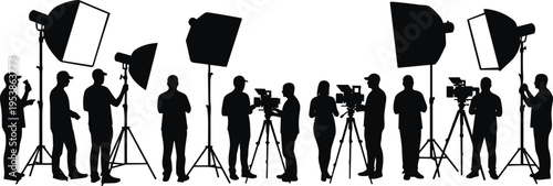 film crew silhouettes, video production, studio lighting, cameraman team, filmmaking process, media production, professional crew, camera equipment, behind scenes, shooting set