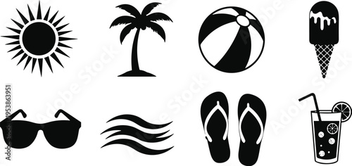 summer icons, beach elements, sun palm tree, sunglasses waves, flip flops, ice cream, cocktail drink, vacation symbols, tropical design, holiday concept