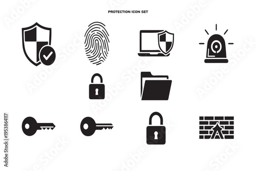 Professional protection icon set featuring clean editable line style with security elements like shield, lock, fingerprint, and device safety, perfect for apps, websites, and UI design projects.