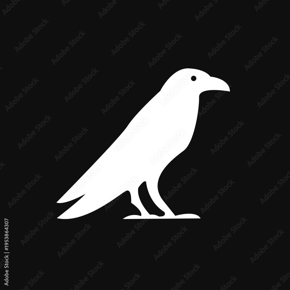 Obraz premium Minimalist White Crow or Raven Bird Silhouette Icon on Stark Black Background