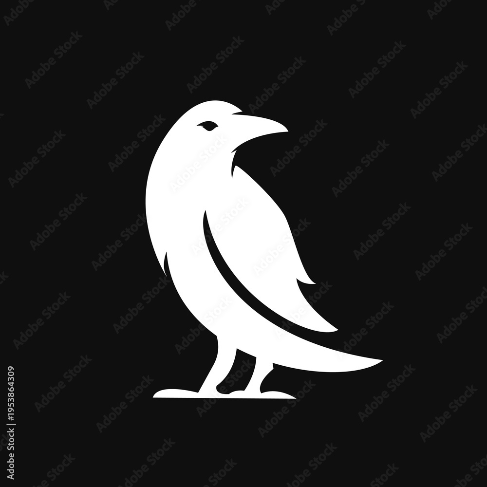 Fototapeta premium White Stylized Raven Logo Design Standing on Black Background