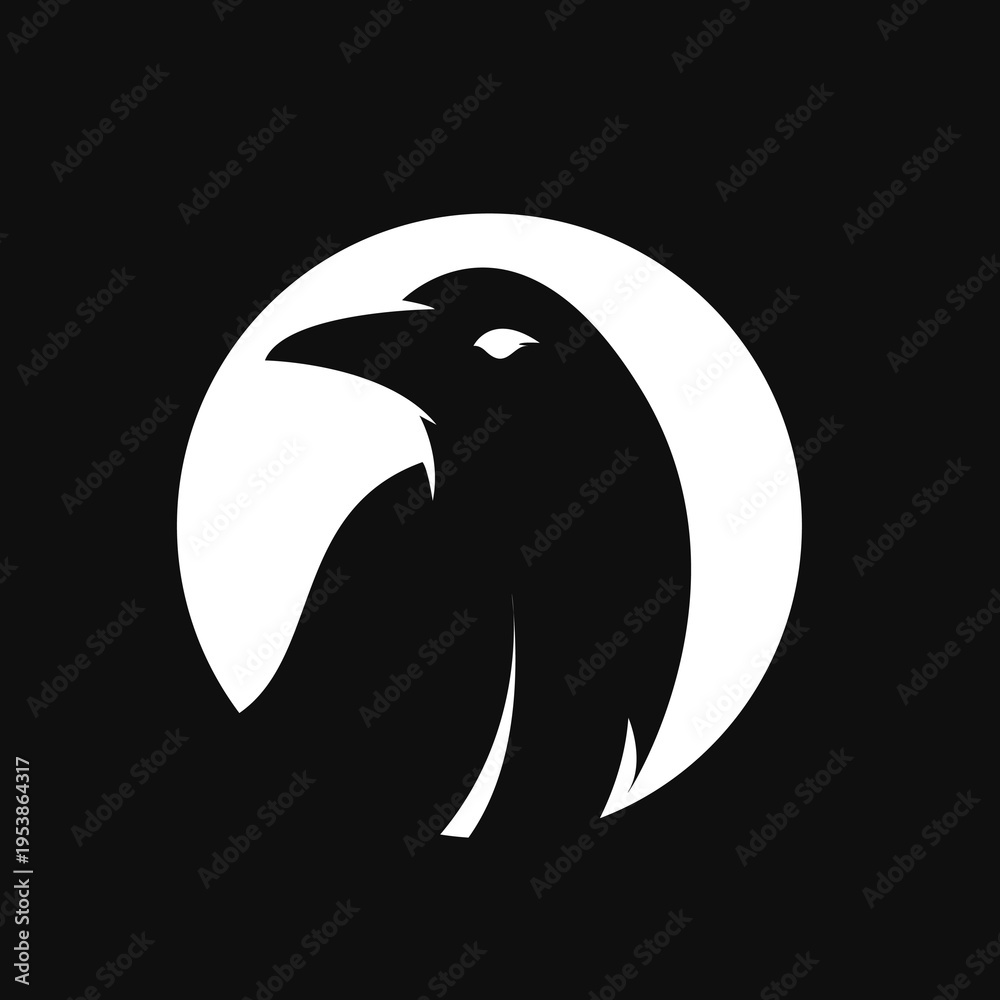 Obraz premium Raven Head Logo Design in White Circle, Modern Minimalist Silhouette Icon on Black Background