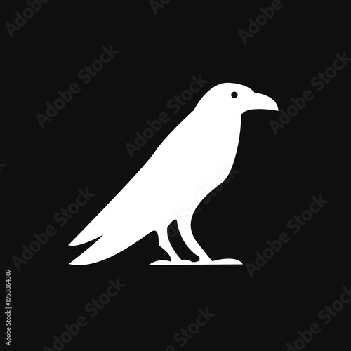 Minimalist White Crow or Raven Bird Silhouette Icon on Stark Black Background