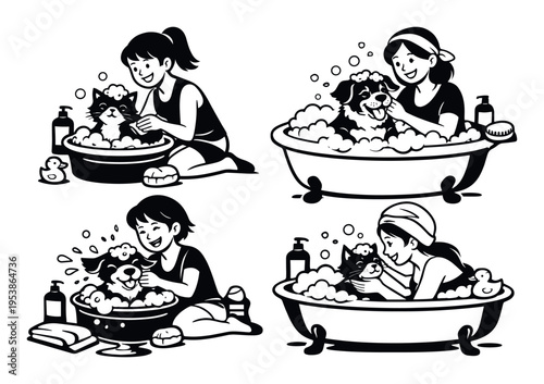 People bathing different pets in tubs and basins, creating bubbles for cleaning and grooming, showing pet care and hygiene