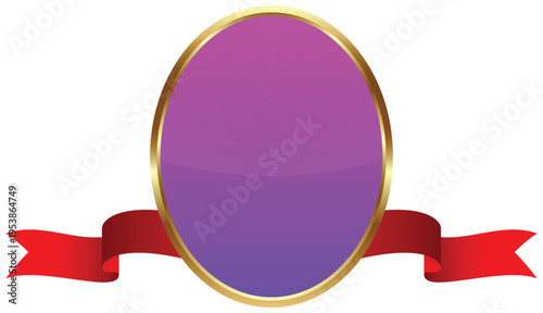 Elegant glossy oval badge with golden frame and flowing ribbon banner