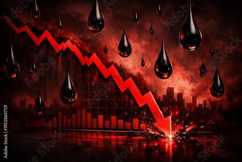 Red graph line plummets downward with oil drops falling against a dark cityscape background