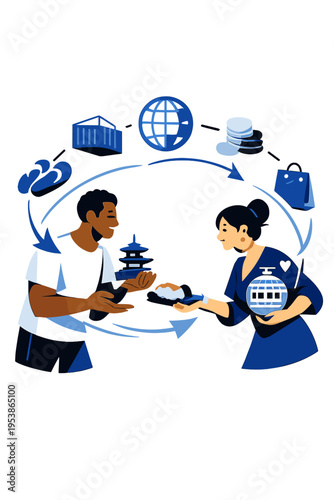 Global Trade Exchange. Global Market Fusion. Person exchanging floating goods from different cultures, glowing