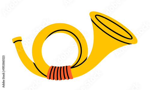 Hand drawn cute illustration of post horn. Flat vector old royal postal trumpet doodle. Vintage musical instrument sticker, icon. Mail delivery signal. Brass hunting horn. Isolated.