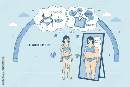 Mental health concept: woman struggling with eating disorder. Anorexia and bulimia metaphor with mirror reflection, anxiety and calorie obsession. Body image and mental guilt flat vector illustration.